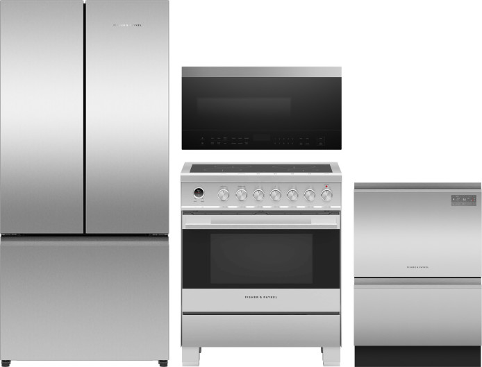 4 Piece Kitchen Appliances Package with French Door Refrigerator, Induction Range, Over the Range Microwave and Dishwasher in Stainless Steel FPKAPAK