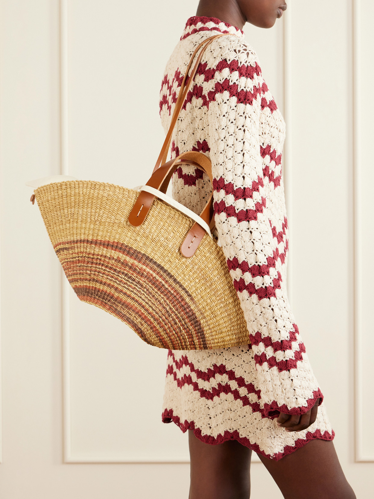 Pacha Striped Leather-trimmed Raffia Tote - Neutral