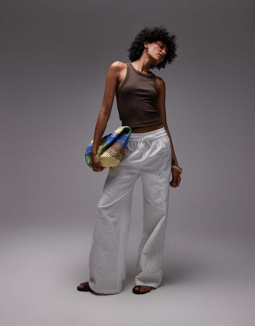 Eyelet side detail tie waist pants in white - part of a set-Yellow