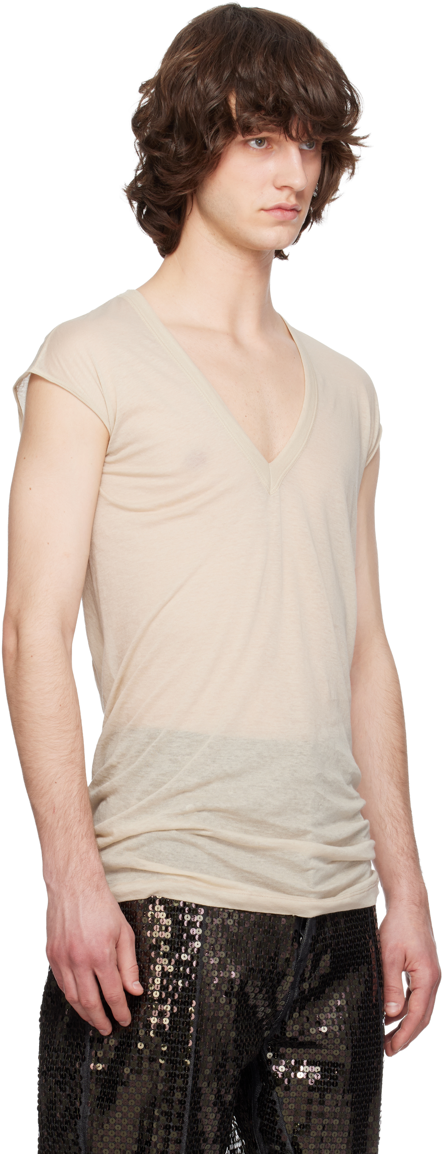 Beige Temple Deep V SL T-shirt