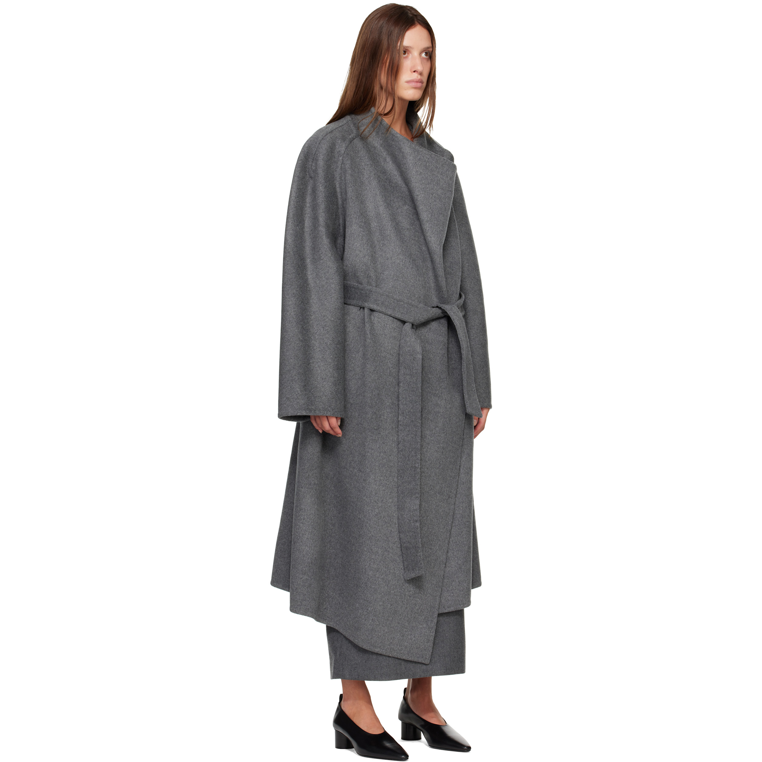 Gray Porin Draped Button Wool Cash Coat