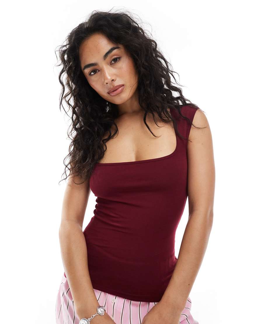 JJXX square neck top in burgundy-Red