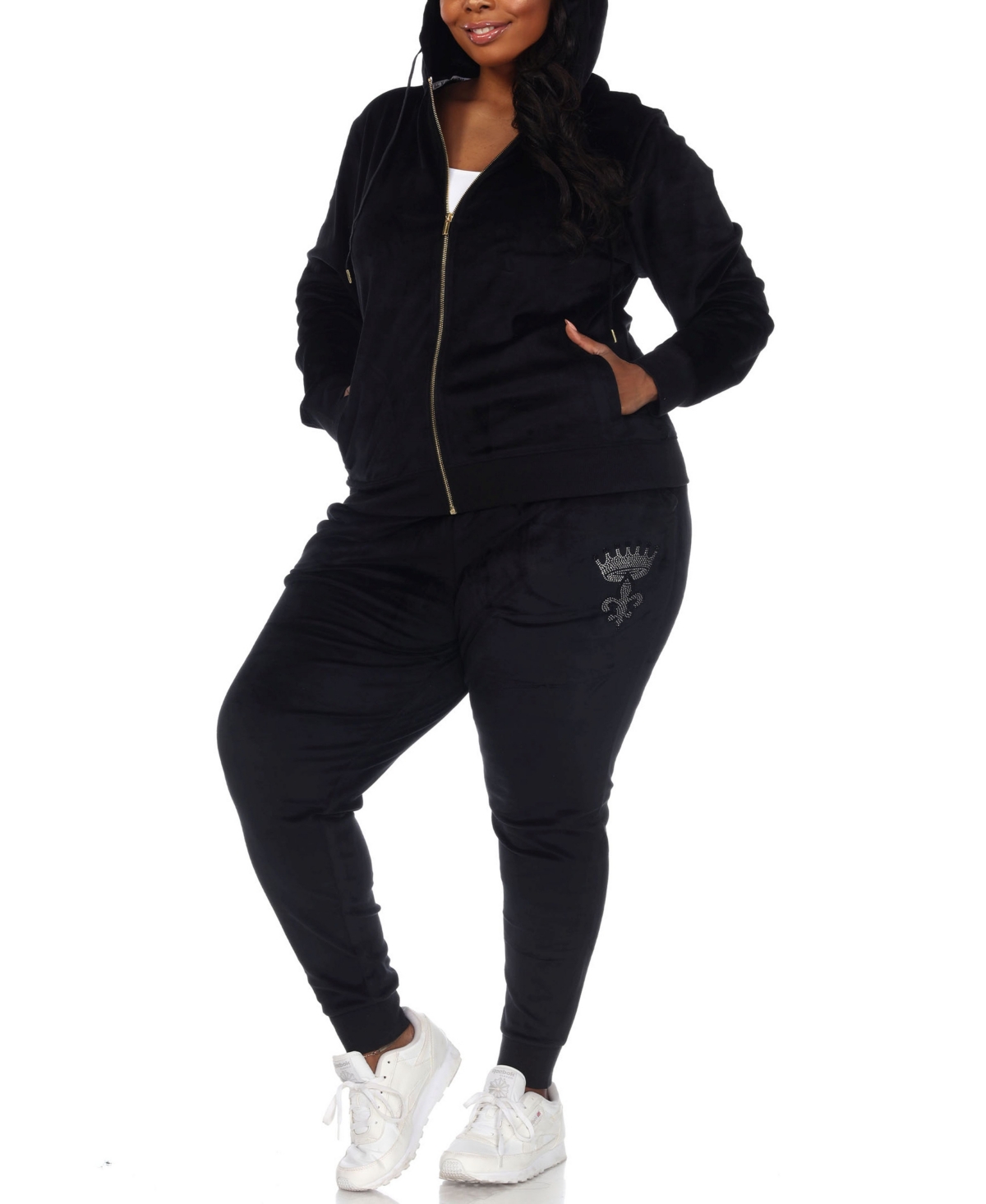 Plus Size Rhinestone Velour Tracksuit 2 Piece Set - Black