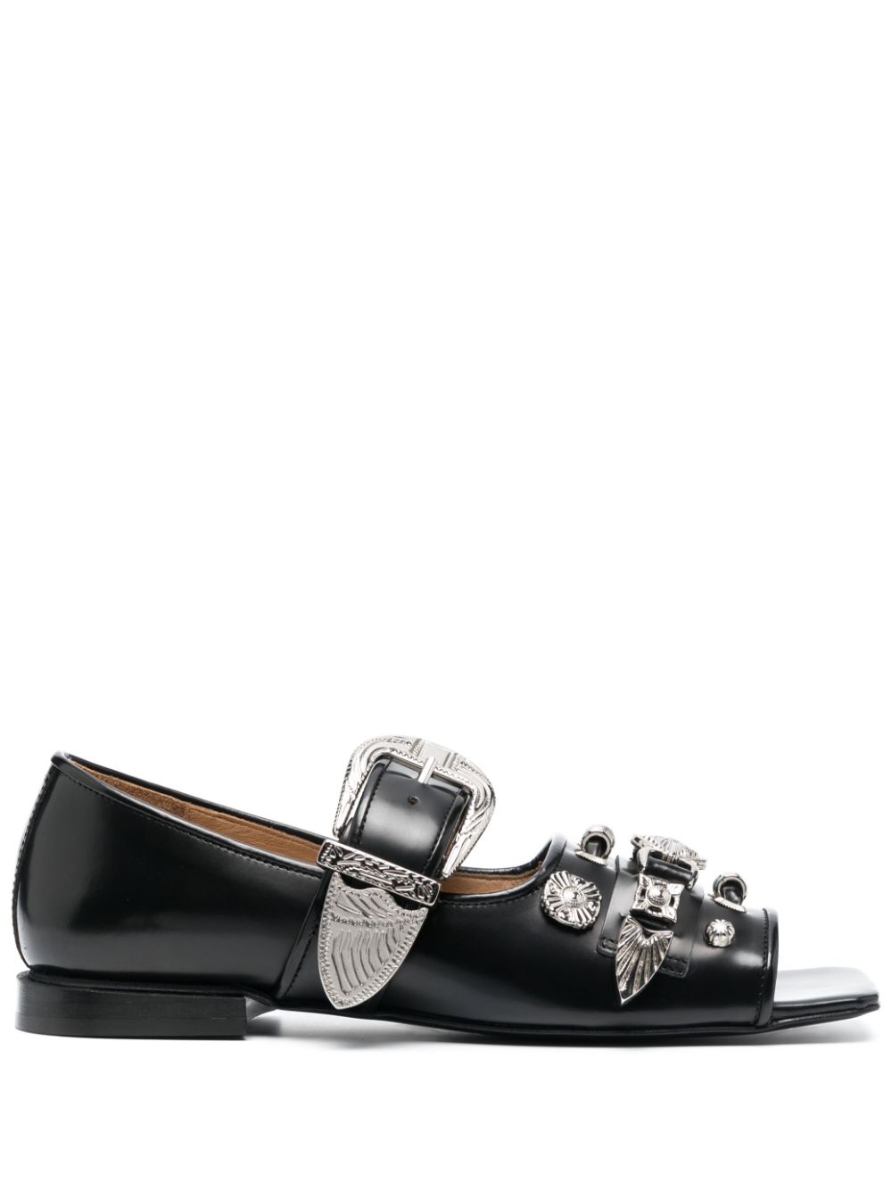 Buckle-fastening open-toe ballerina shoes - Black