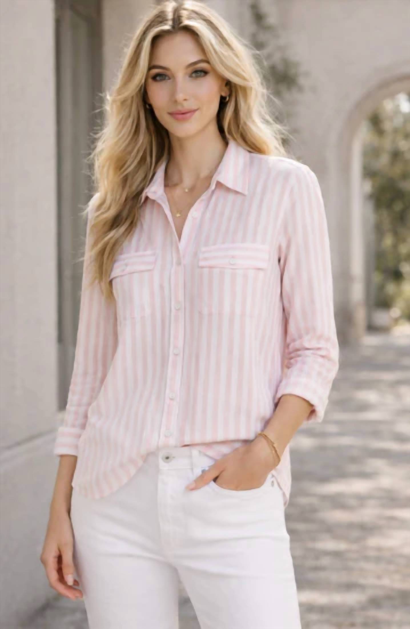 Classic Striped Button Down Top In Pink