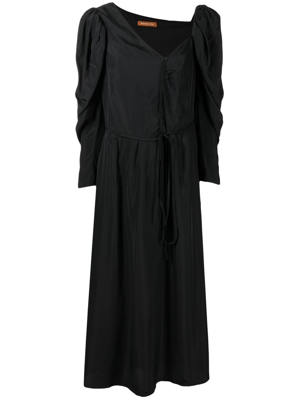 Long-puff sleeve midi dress - Black