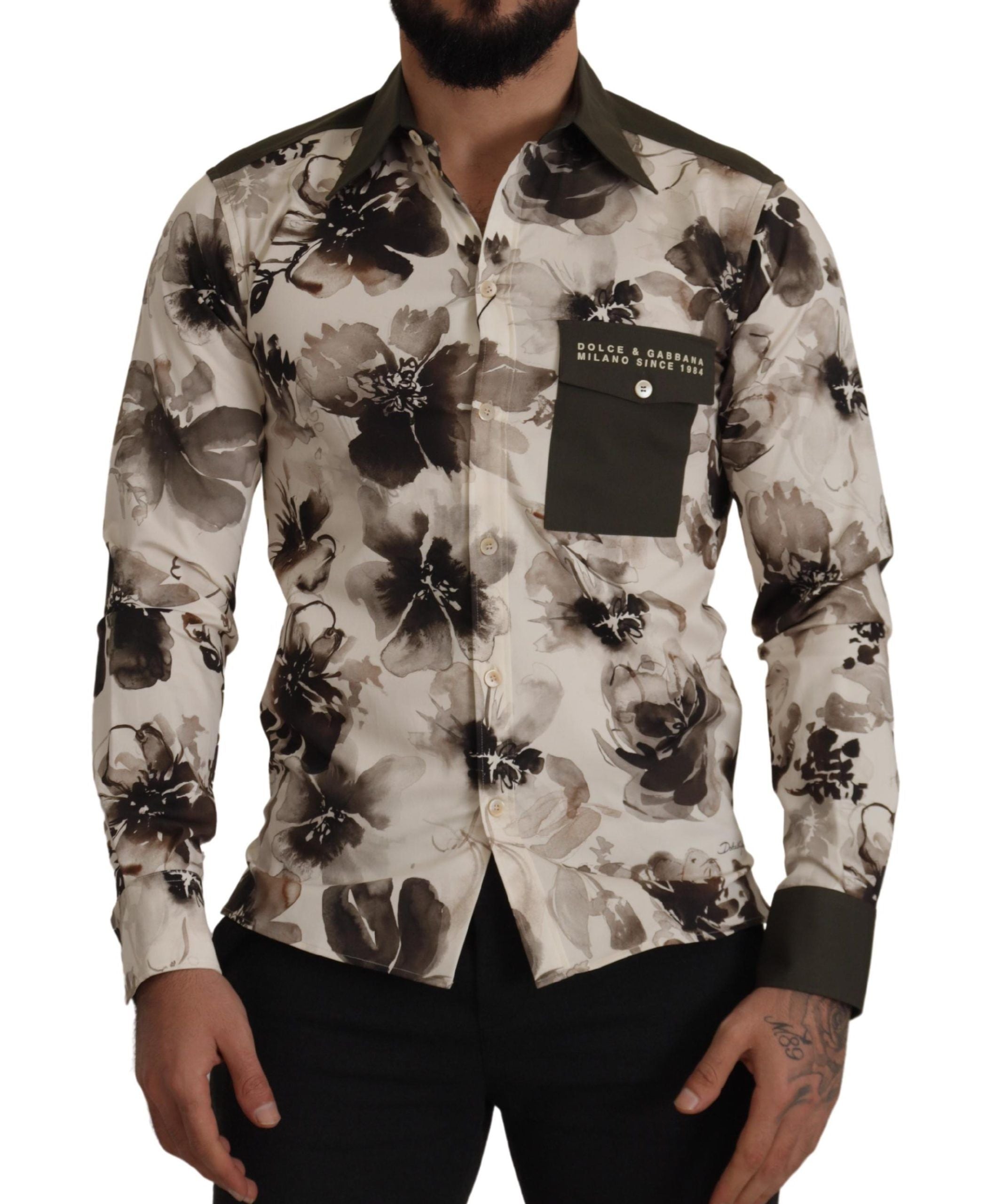 Floral-Print Cotton Stretch Shirt — Beige