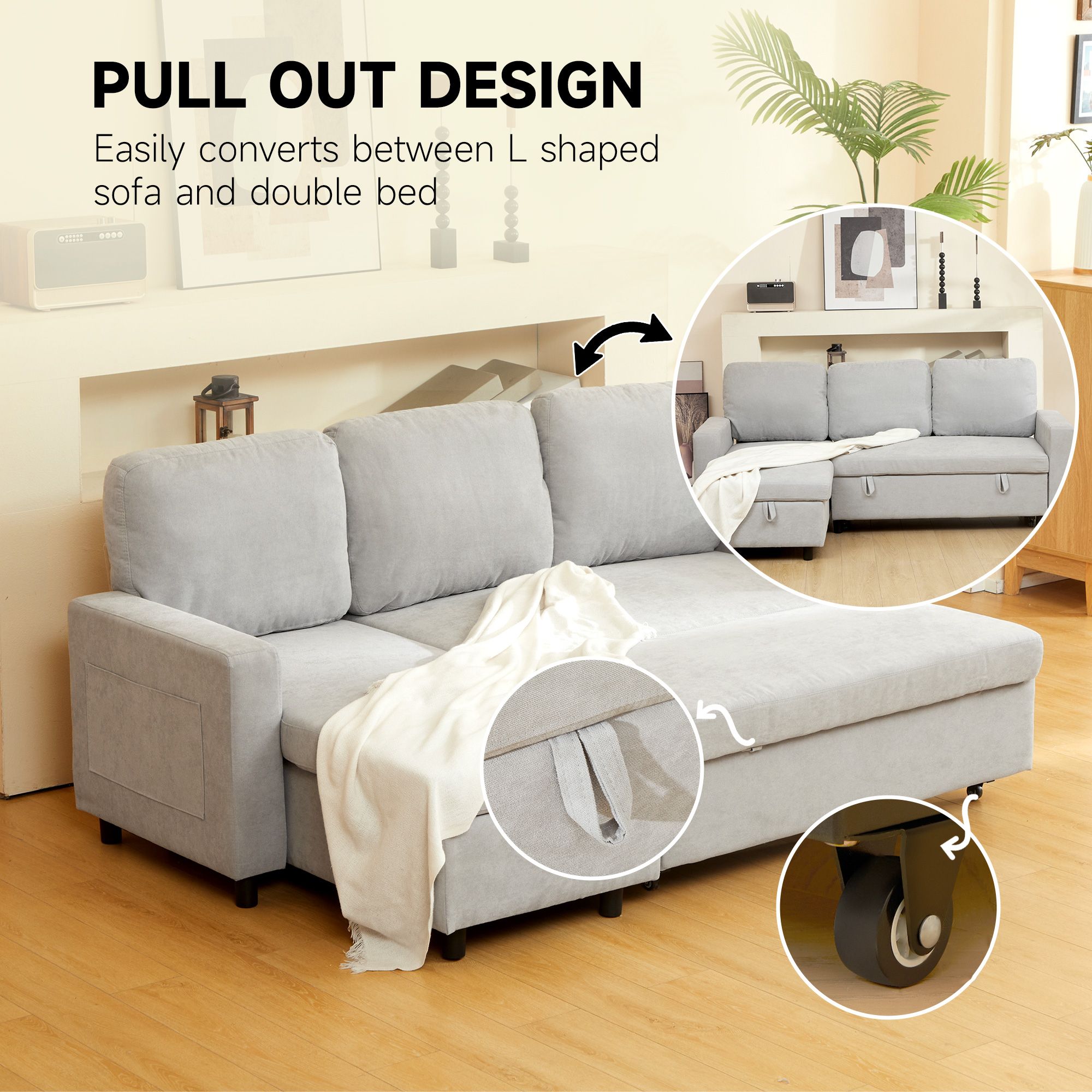 Pull Out Sofa Bed L Shape Corner Sofa w/ Reversible Chaise