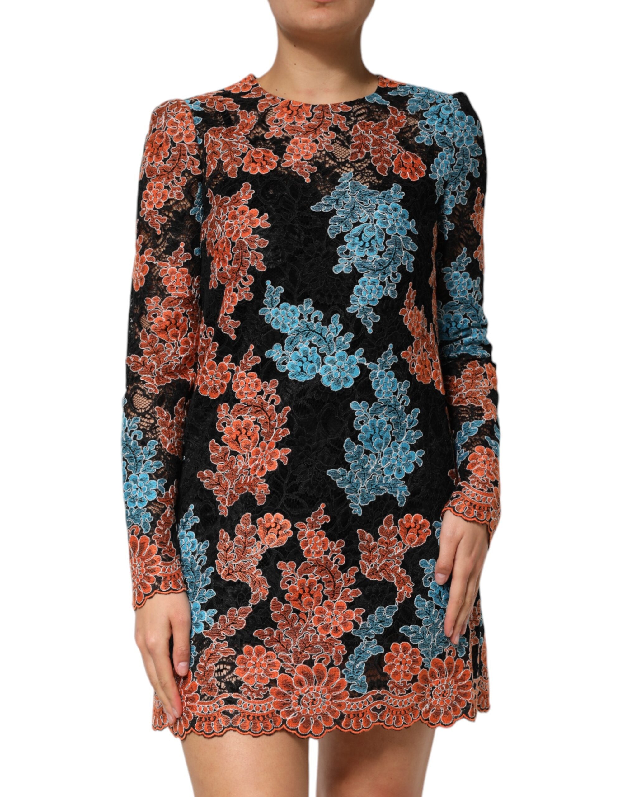 Floral-Embroidered Lace Tunic — Black