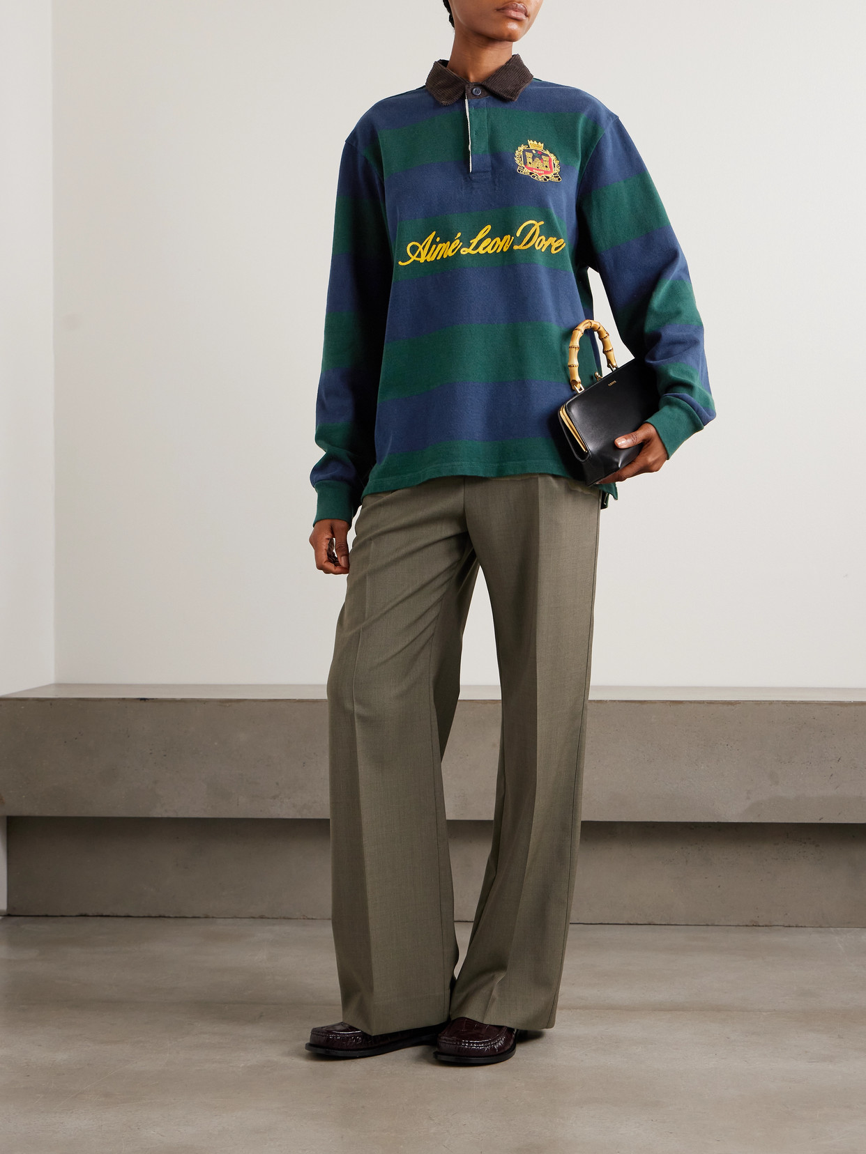 Script Embroidered Printed Striped Corduroy-trimmed Cotton Rugby Shirt - Green