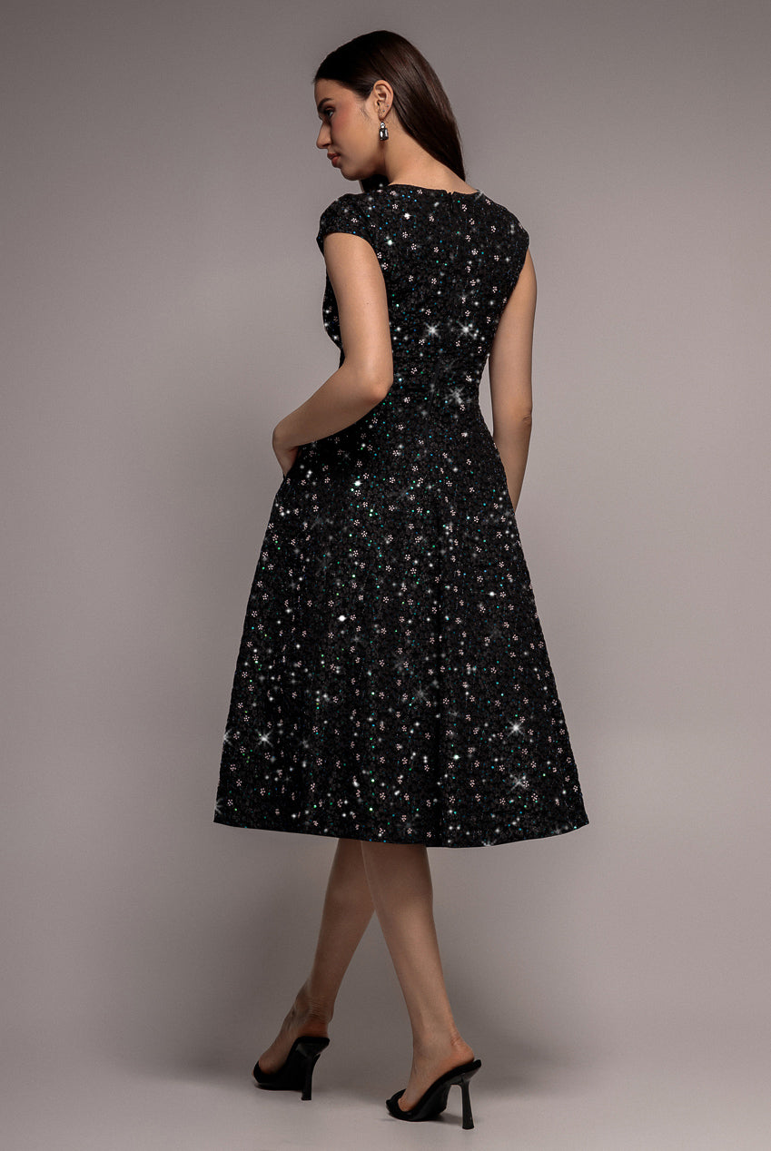 Goddiva Bead Embellished Jacquard A Line Midi Dress - Black