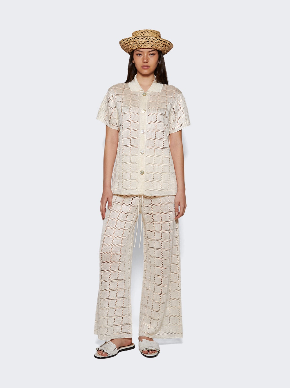 Grid-pattern knit trousers - White