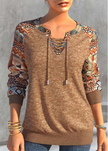 Modlily Dark Camel Lace Up Tribal Print T Shirt