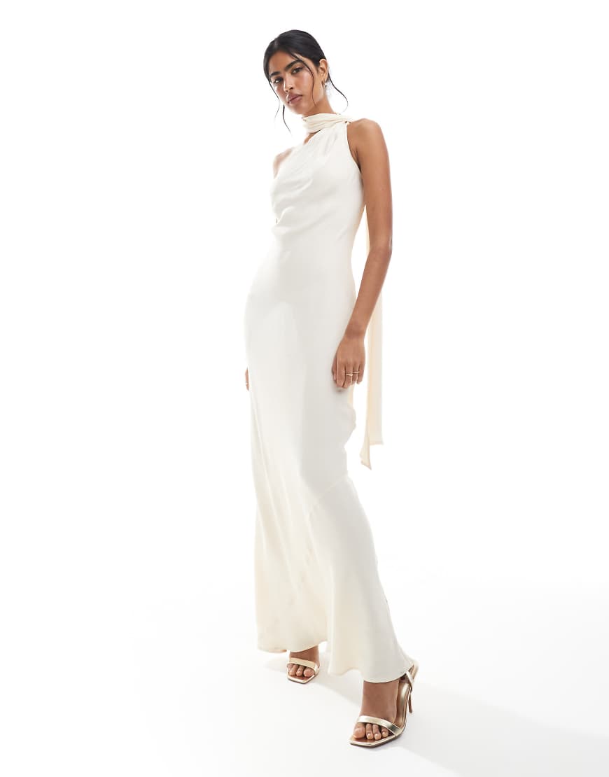 Bridesmaid one shoulder scarf maxi dress in soft Ivory-White