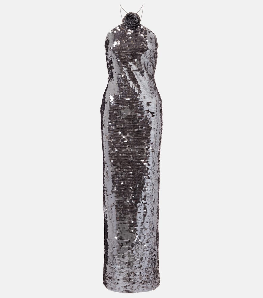 Floral-appliqué sequined gown