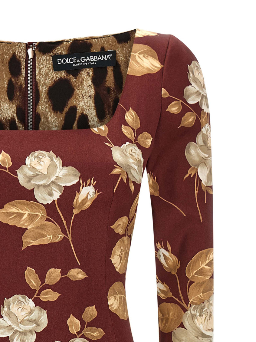 Rose-print Square-neck Midi Dress