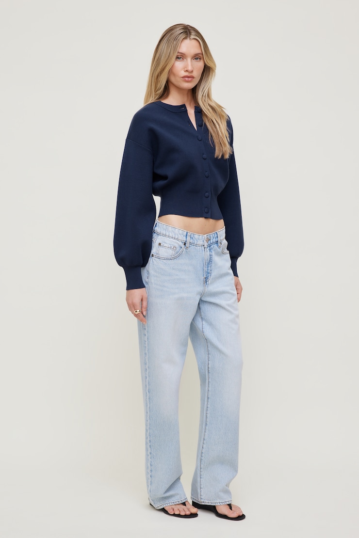Balloon Sleeve Cardigan - Blue - Women Clothing