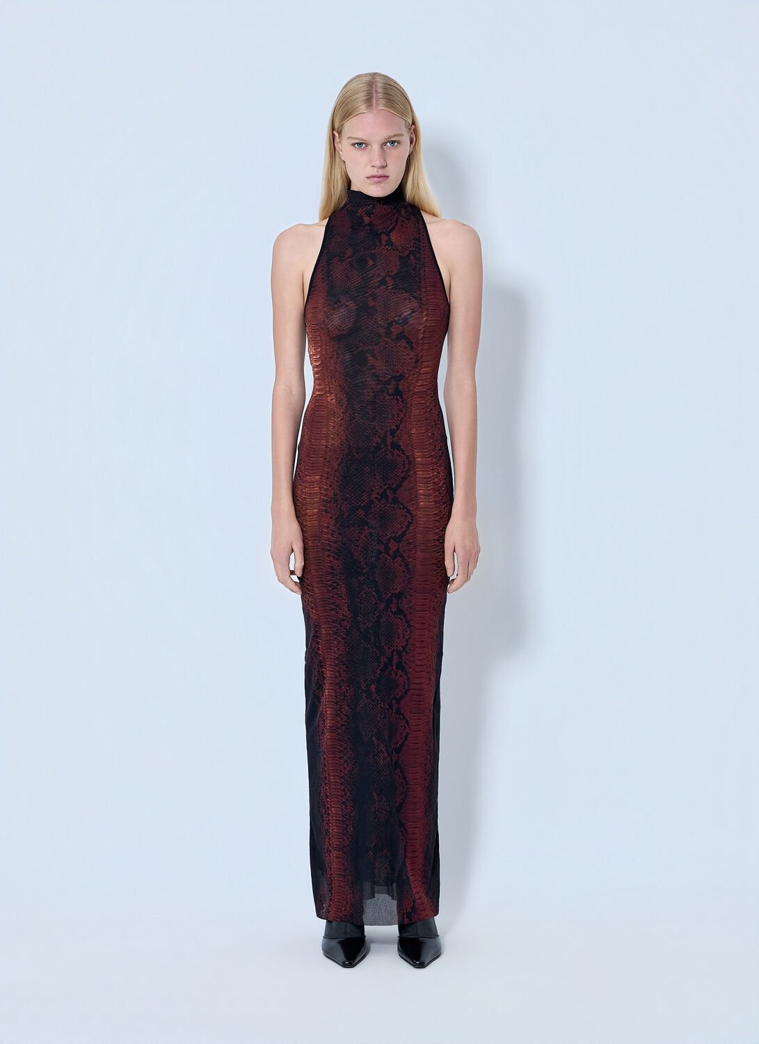 Mesh High Neck Python Printed Long Dress