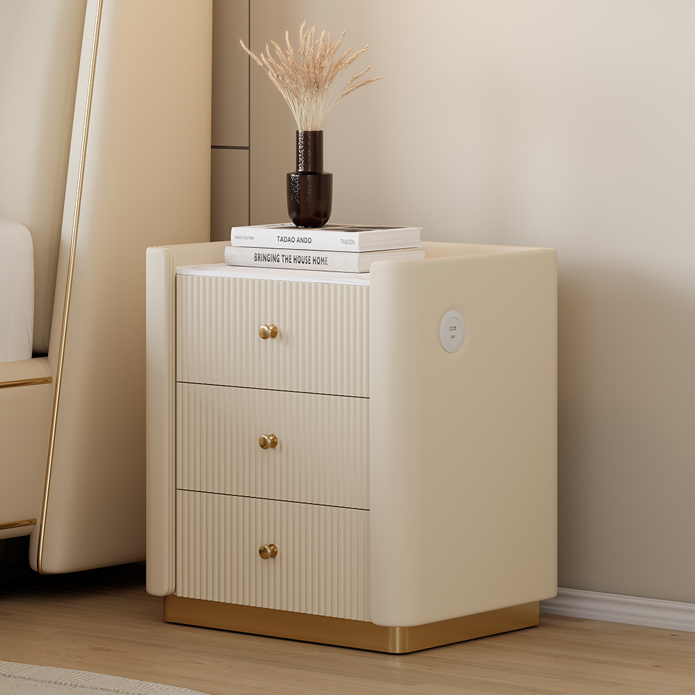 Modern 3-Drawer Nightstand with Sintered Stone Top & USB Port