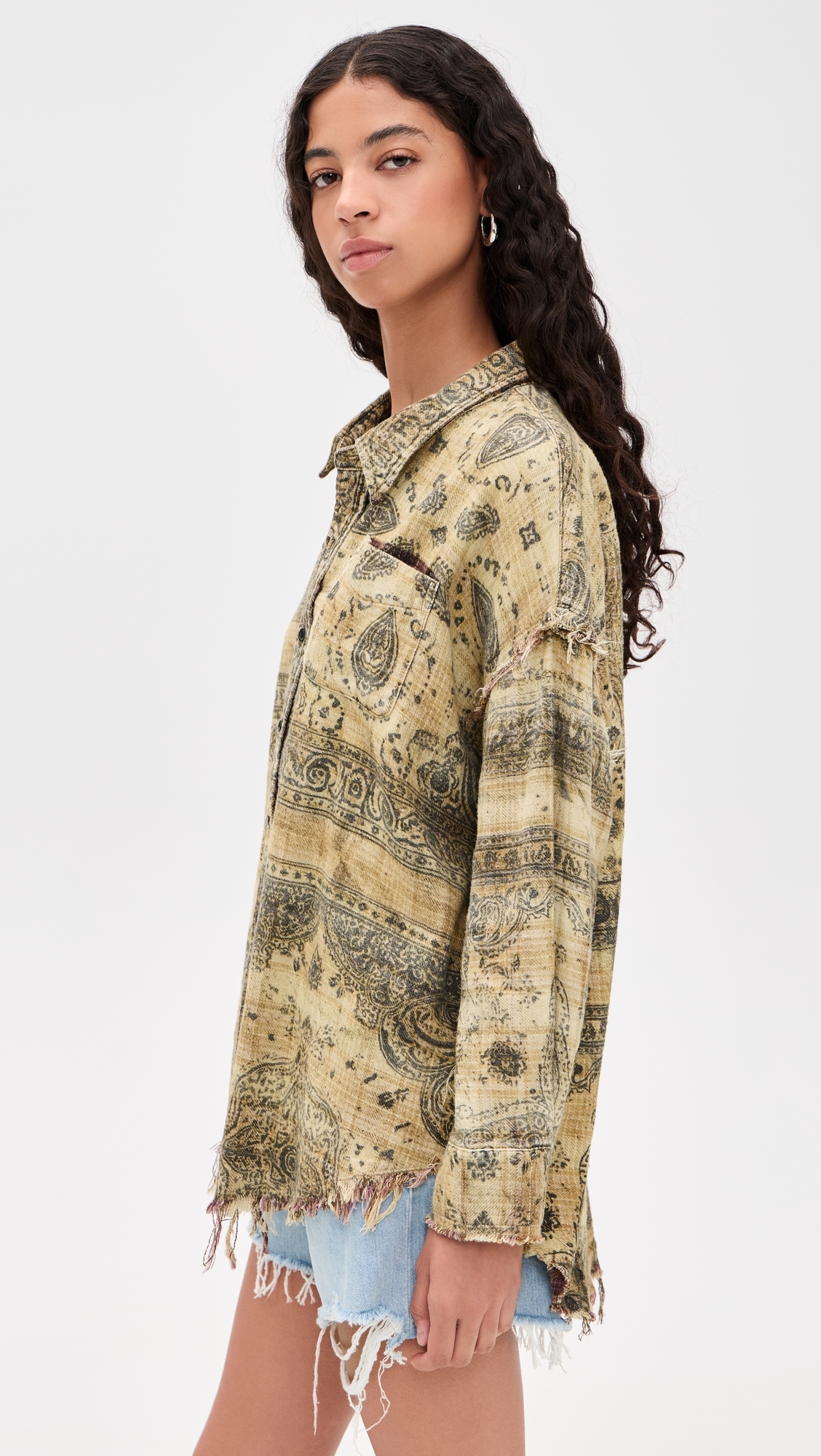 Shredded Seam Drop Neck Shirt Khaki Bandana Black Overprint