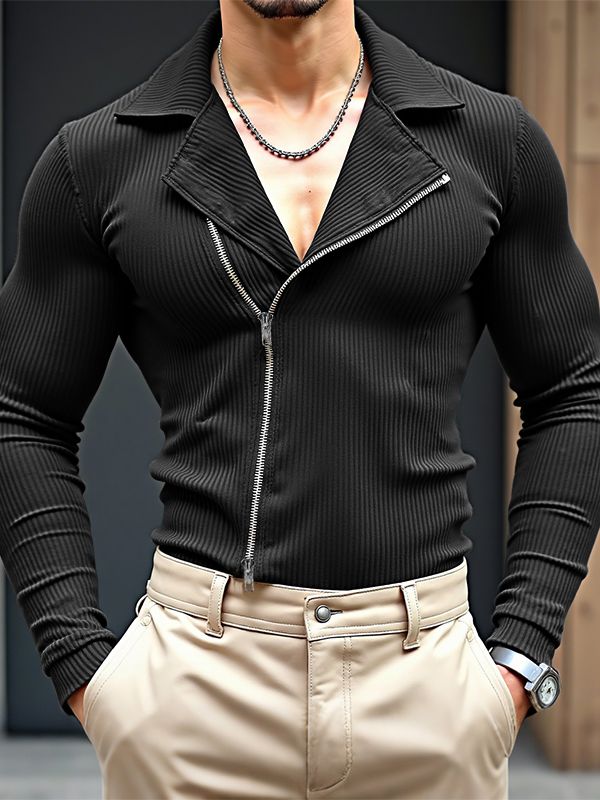 Men's Knitted Texture Lapel Double Zip Long Sleeve Cardigan SKUL35091 - Black / S