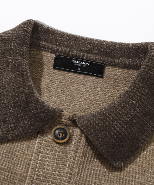 Leather Patchwork Velvet Cardigan Knit_Beige