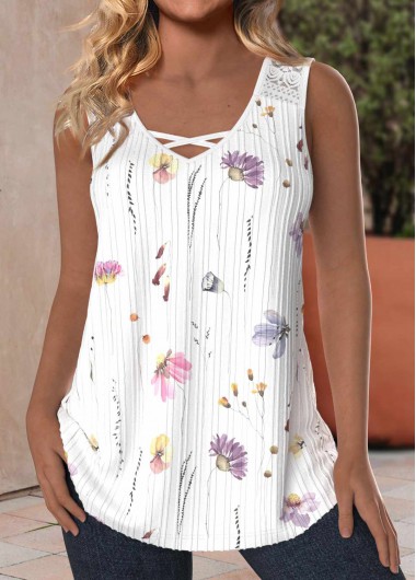 Modlily White Lace Floral Print V Neck Tank Top