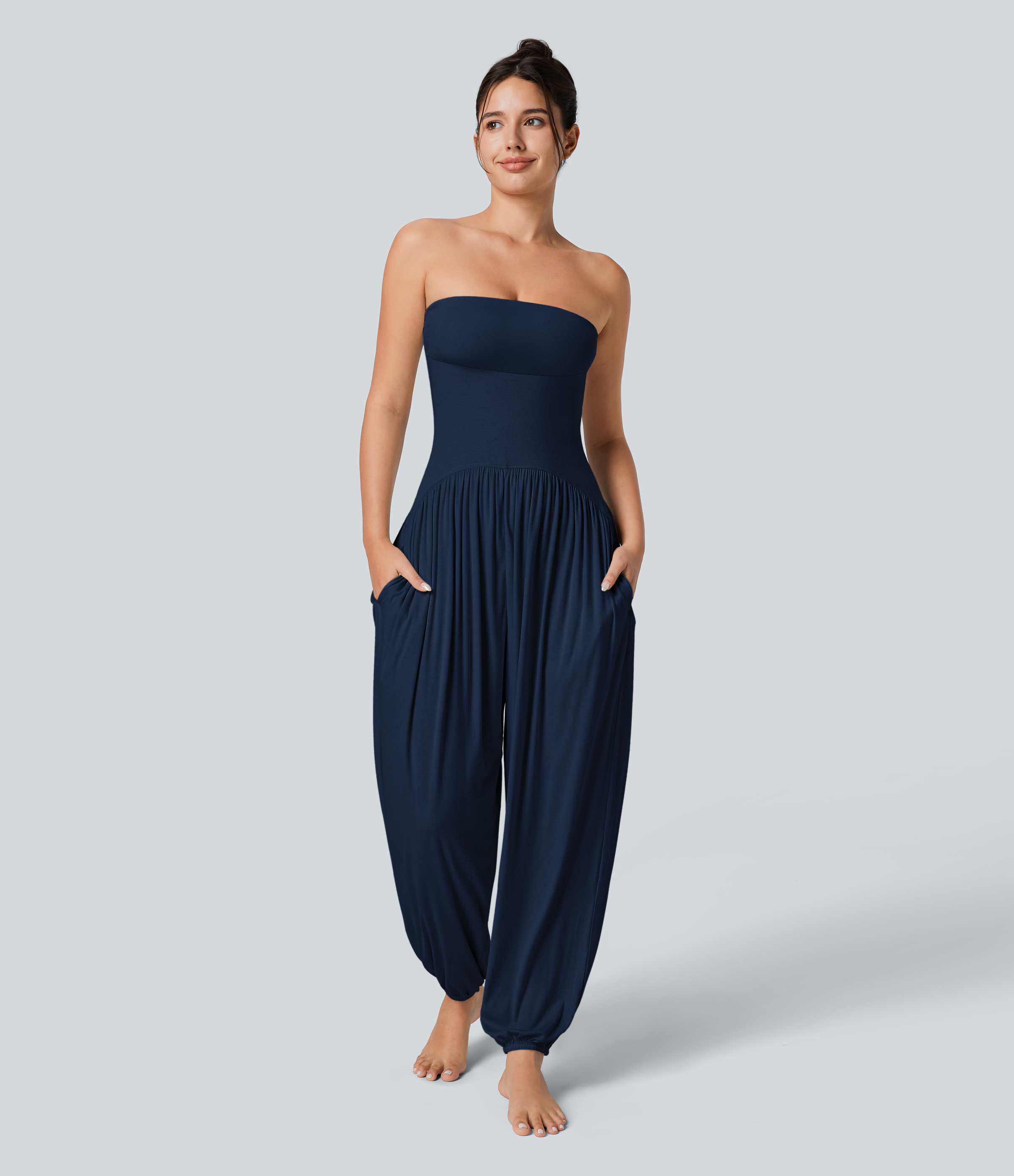 Ribbed Tube Backless Side Pocket Casual Jumpsuit  - Nightfall Blue