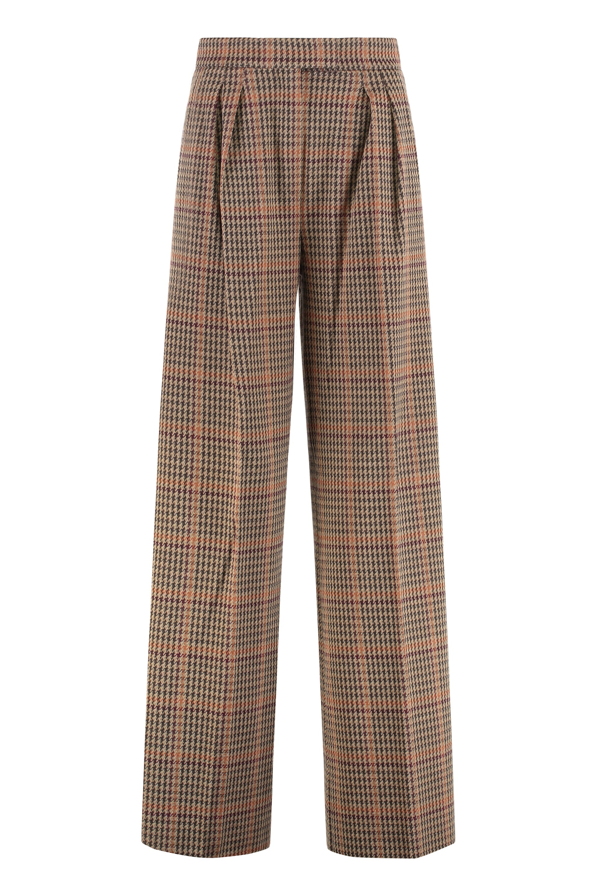 Prince of Wales Pattern Wool-Cotton Trousers with Double Pleats