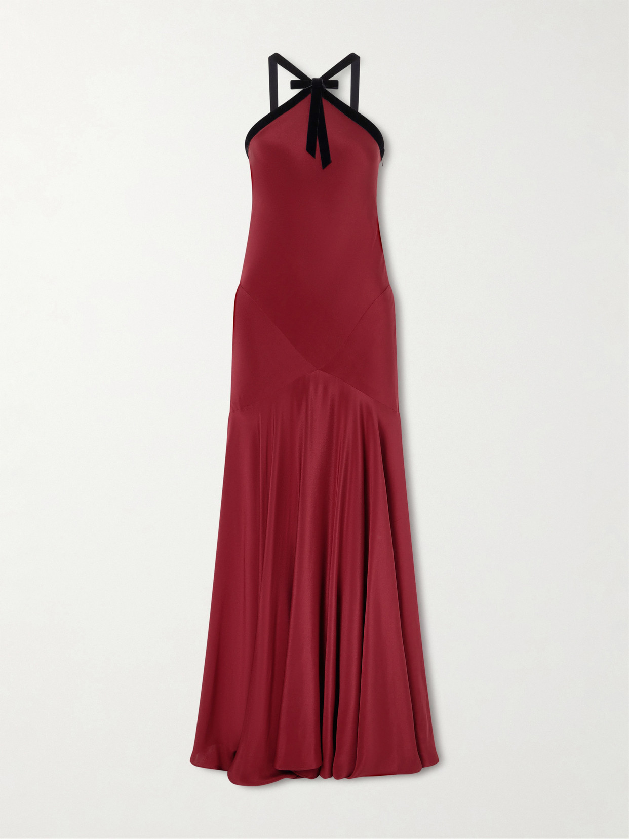 Bow-detailed Velvet-trimmed Silk-crepe Gown - Burgundy