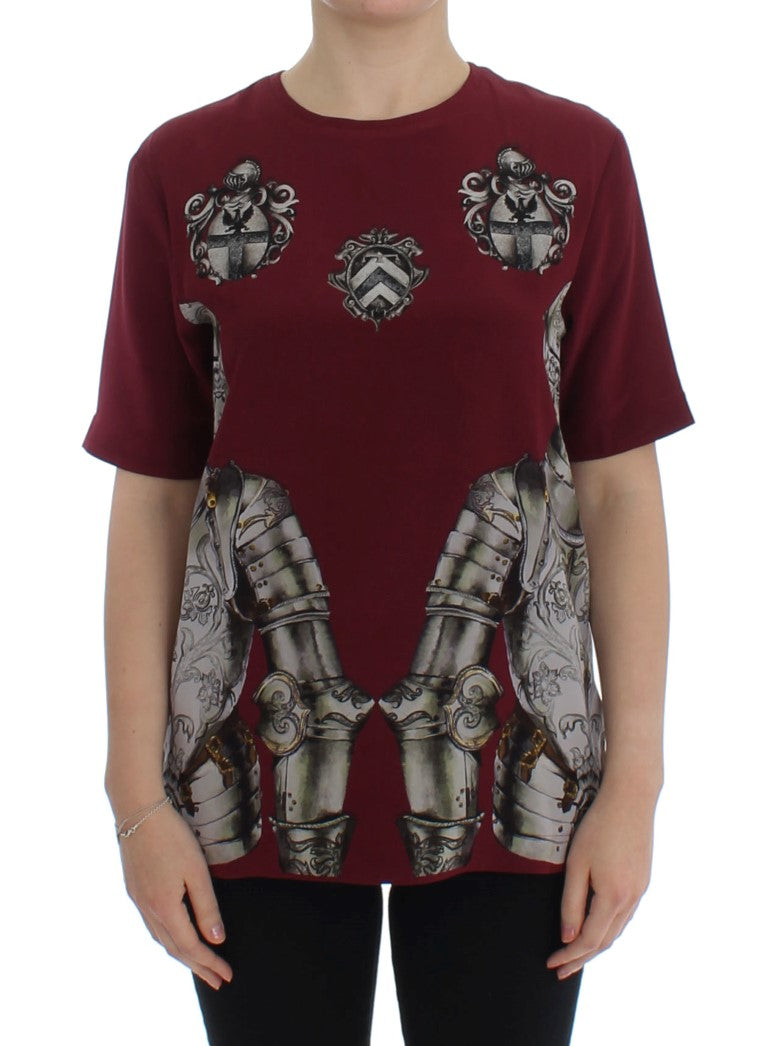 Medieval Knight Print Silk Blouse — Red
