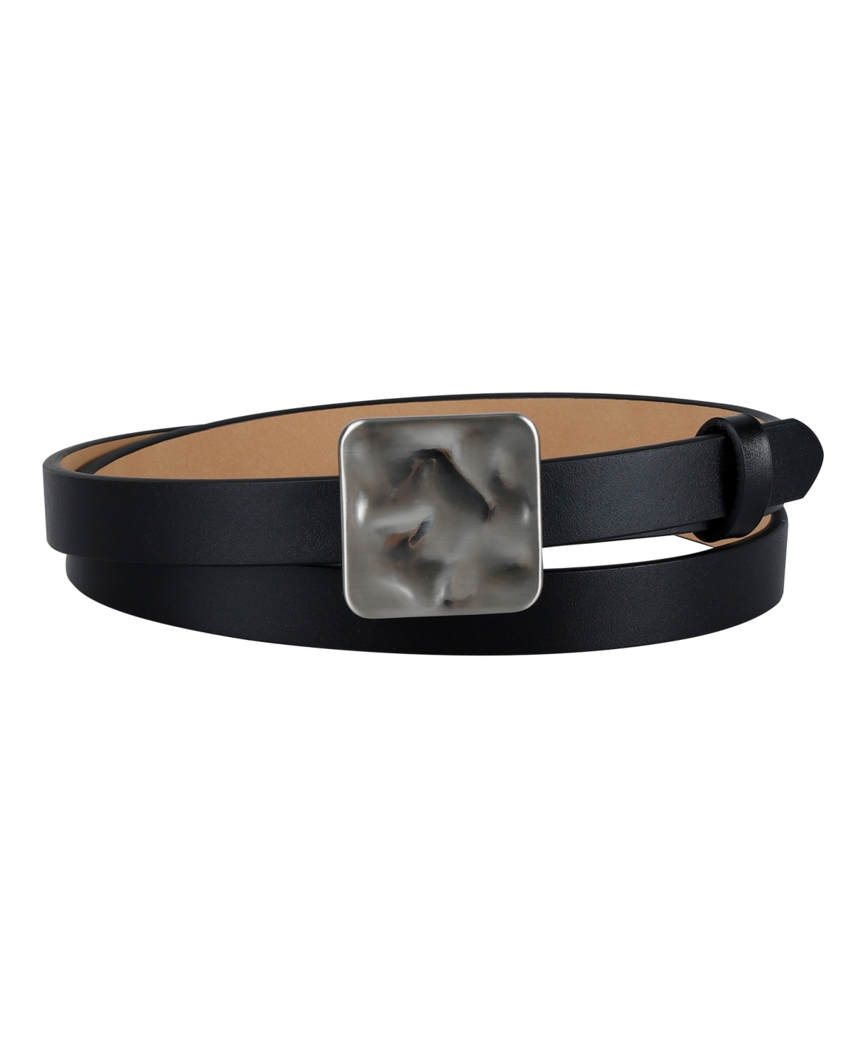 Women's Skinny Hammered Plaque Buckle Belt - Black
