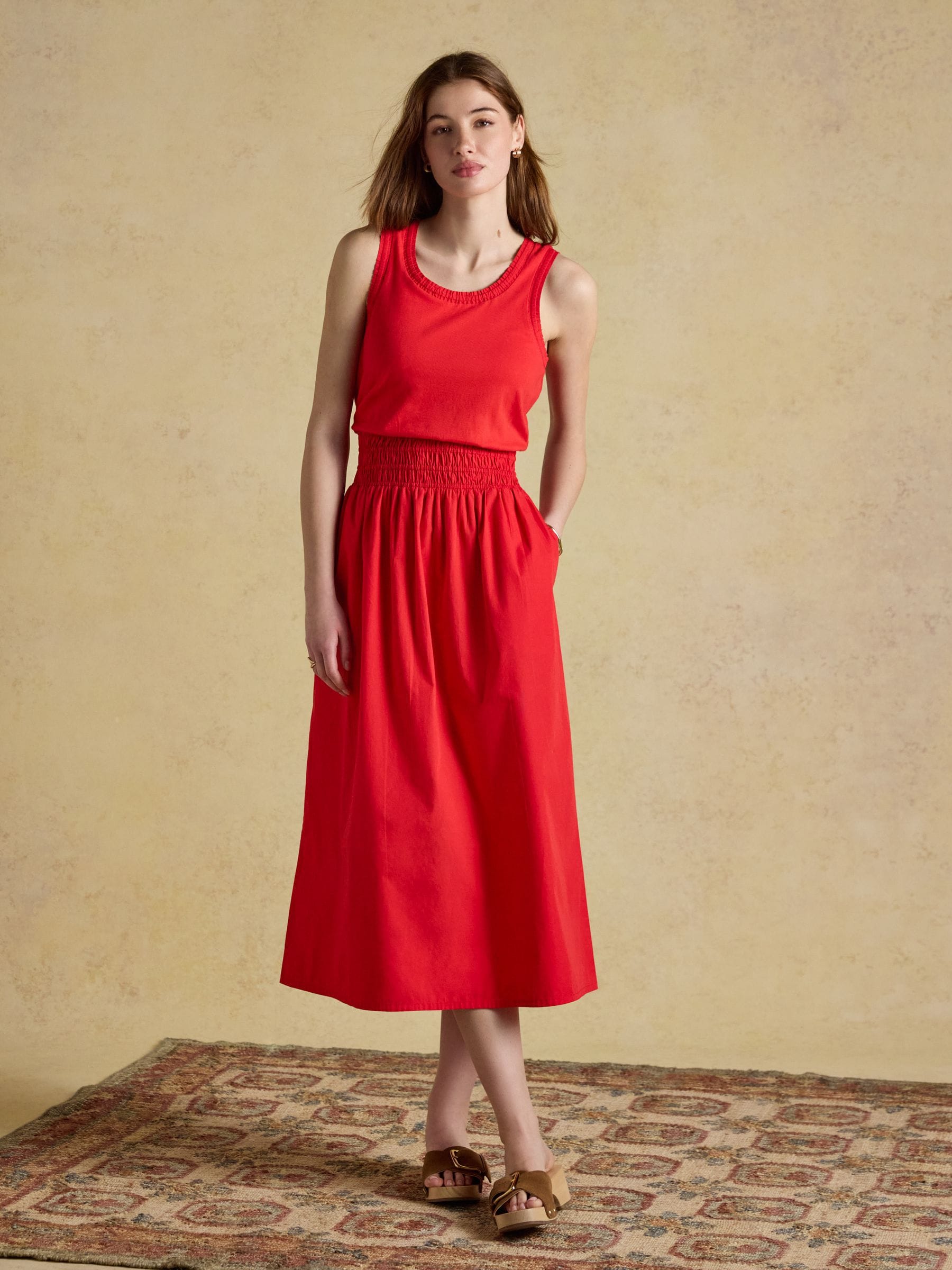 Jade Red Sleeveless Jersey Woven Midi Dress