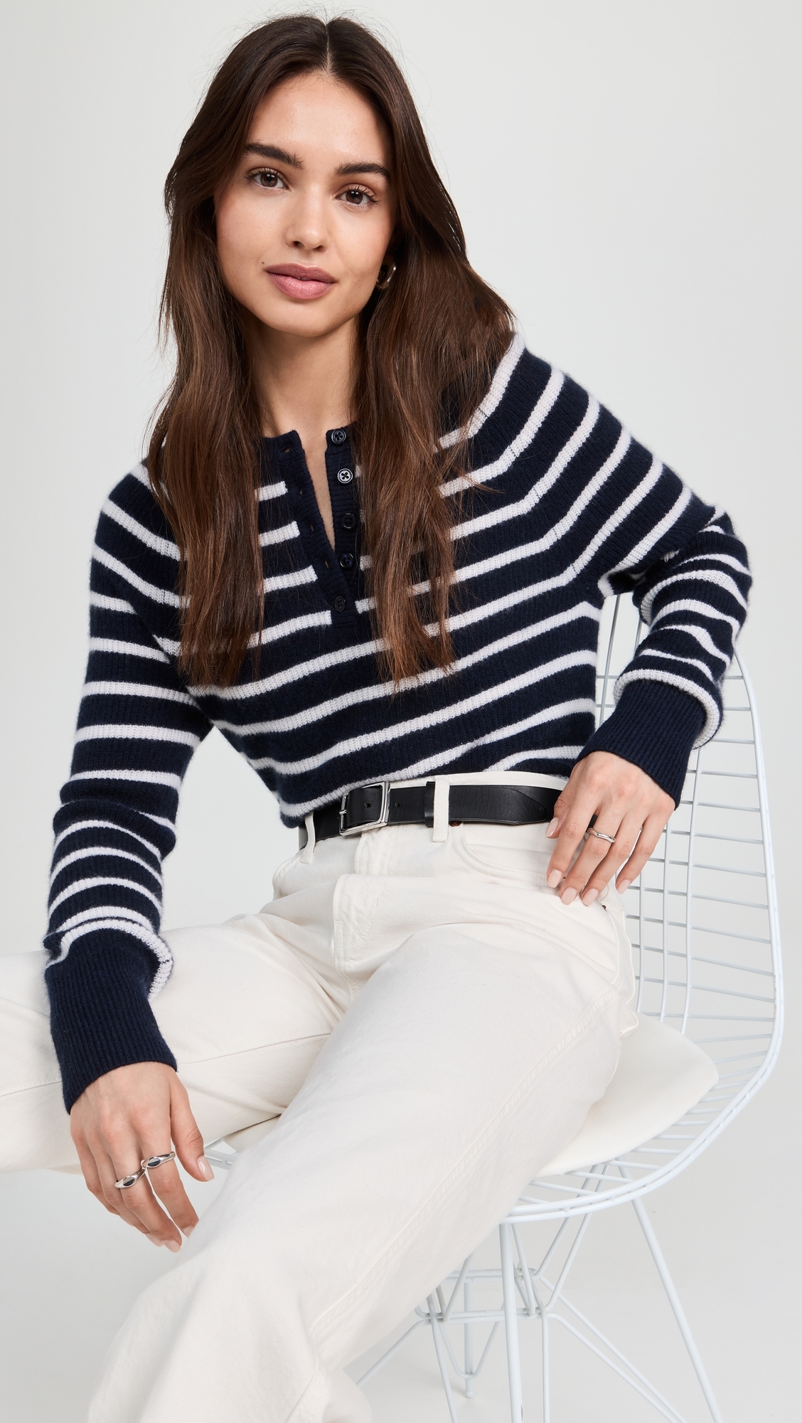 Cashmere Ribbed Button Henley Deep Navy/Soft White
