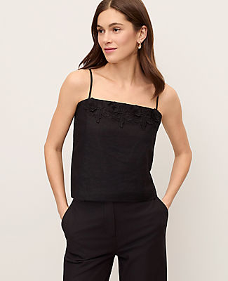 Ann Taylor Floral Appliqué Linen Blend Tank Top