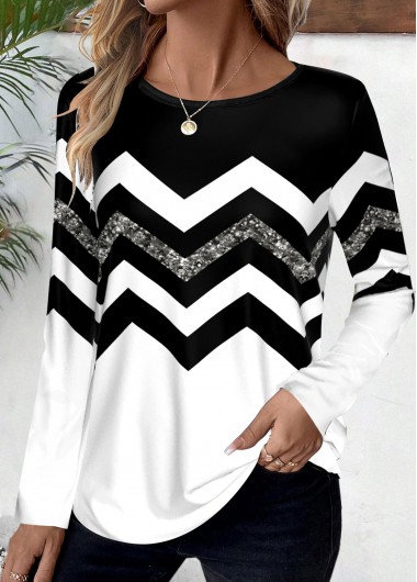 Modlily Black Patchwork Striped Long Sleeve Round Neck T Shirt