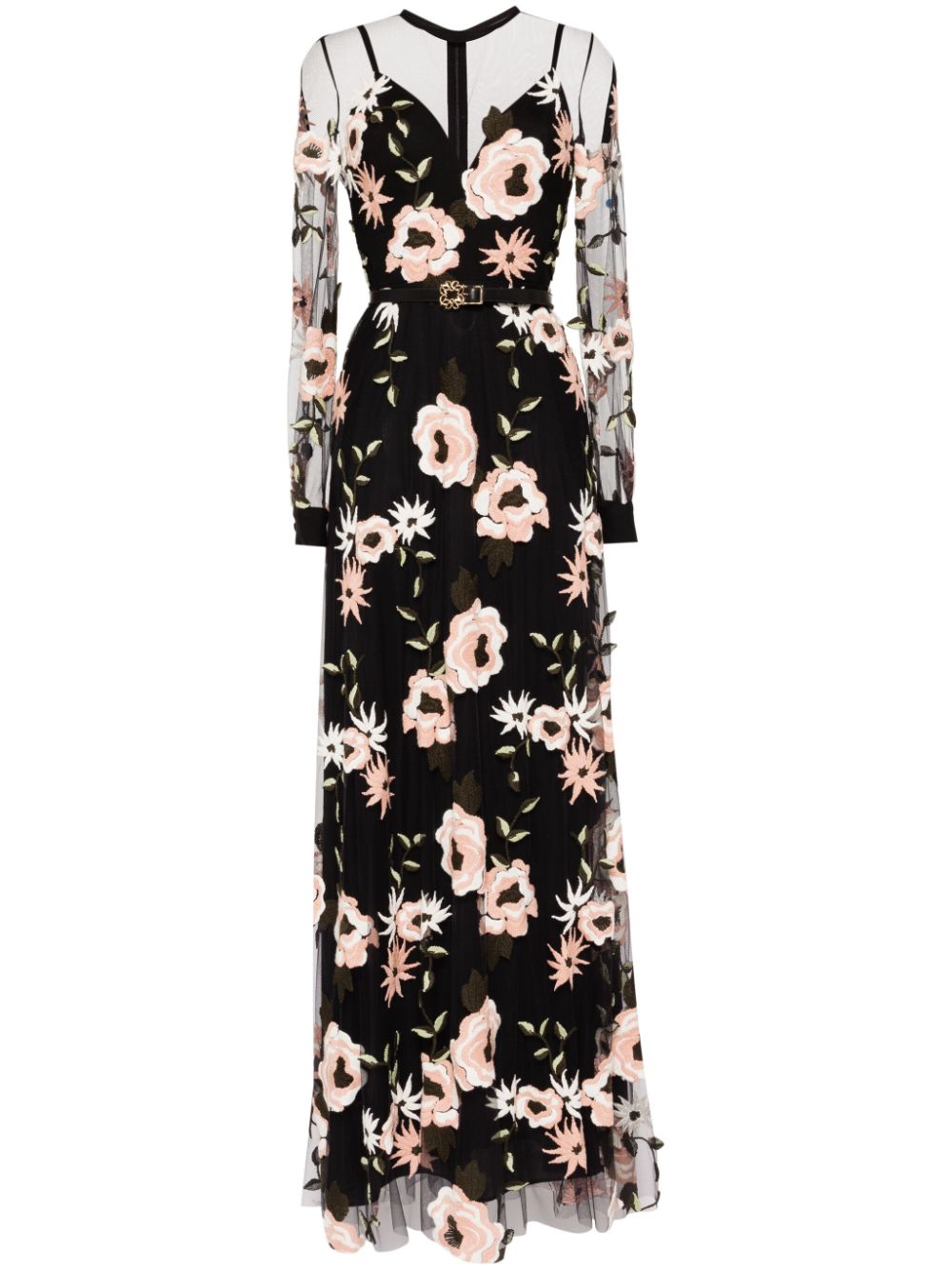 Floral-embroidered tulle dress - Black