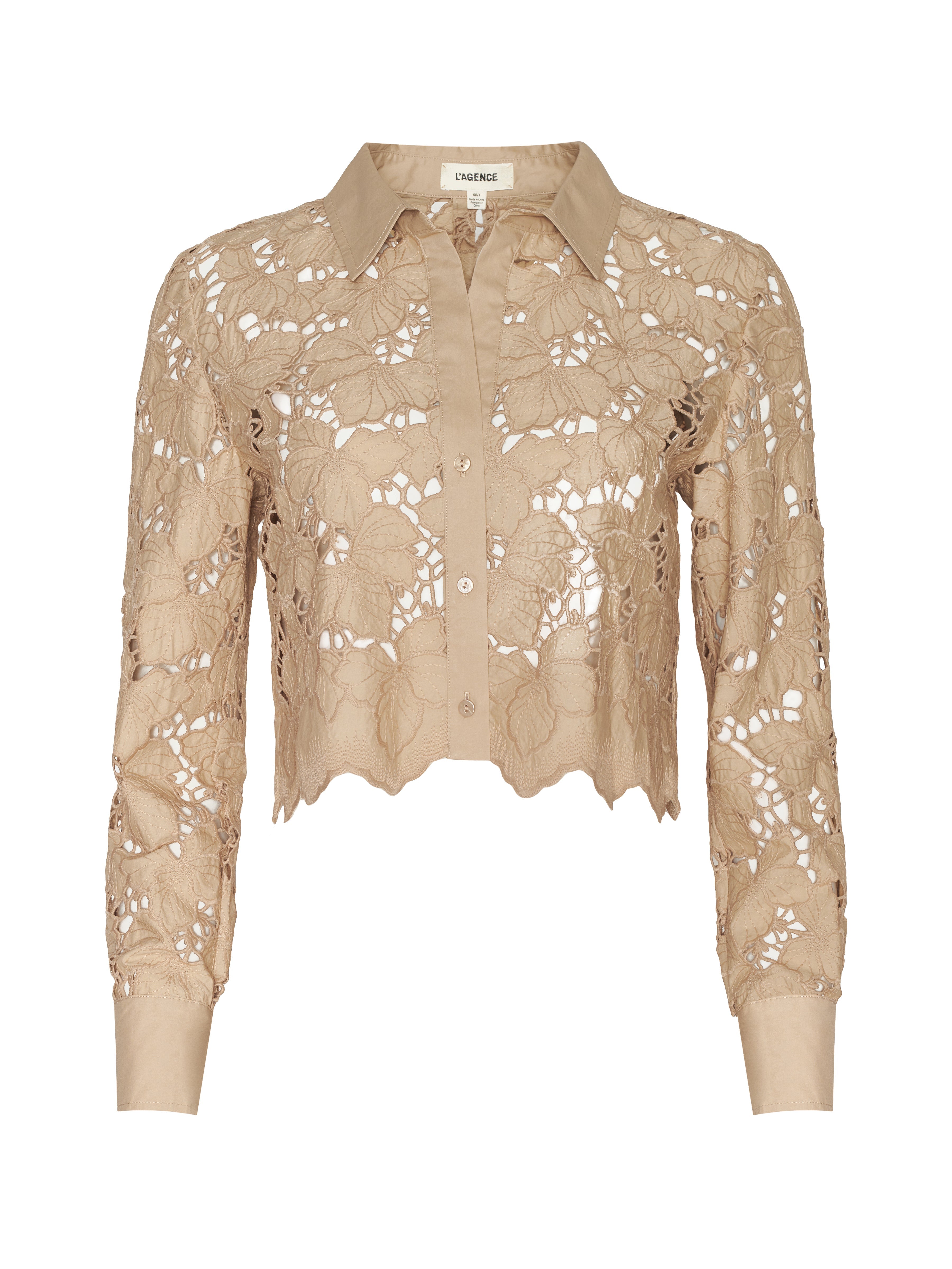 L'AGENCE Seychelle Cropped Lace Blouse Top In Almond