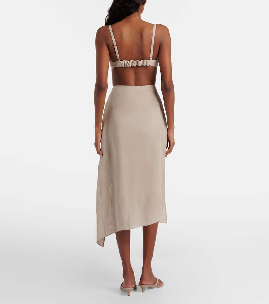 Floral-appliqué asymmetric linen midi skirt