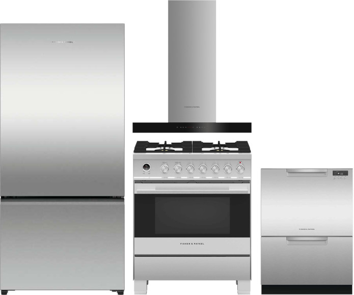 Fisher & Paykel 4 Piece Kitchen Appliances Package with Bottom Freezer Refrigerator, Dual Fuel Range and Dishwasher in Stainless Steel FPRERADWRH