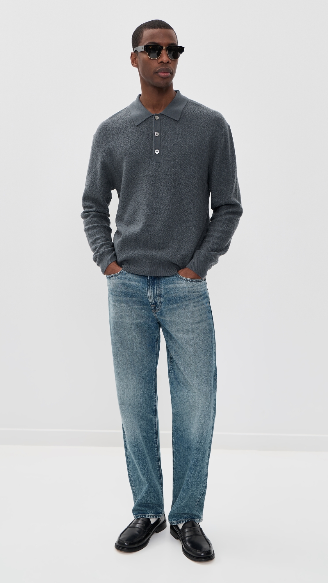 Long Sleeve Polo Sweater Blue Grey