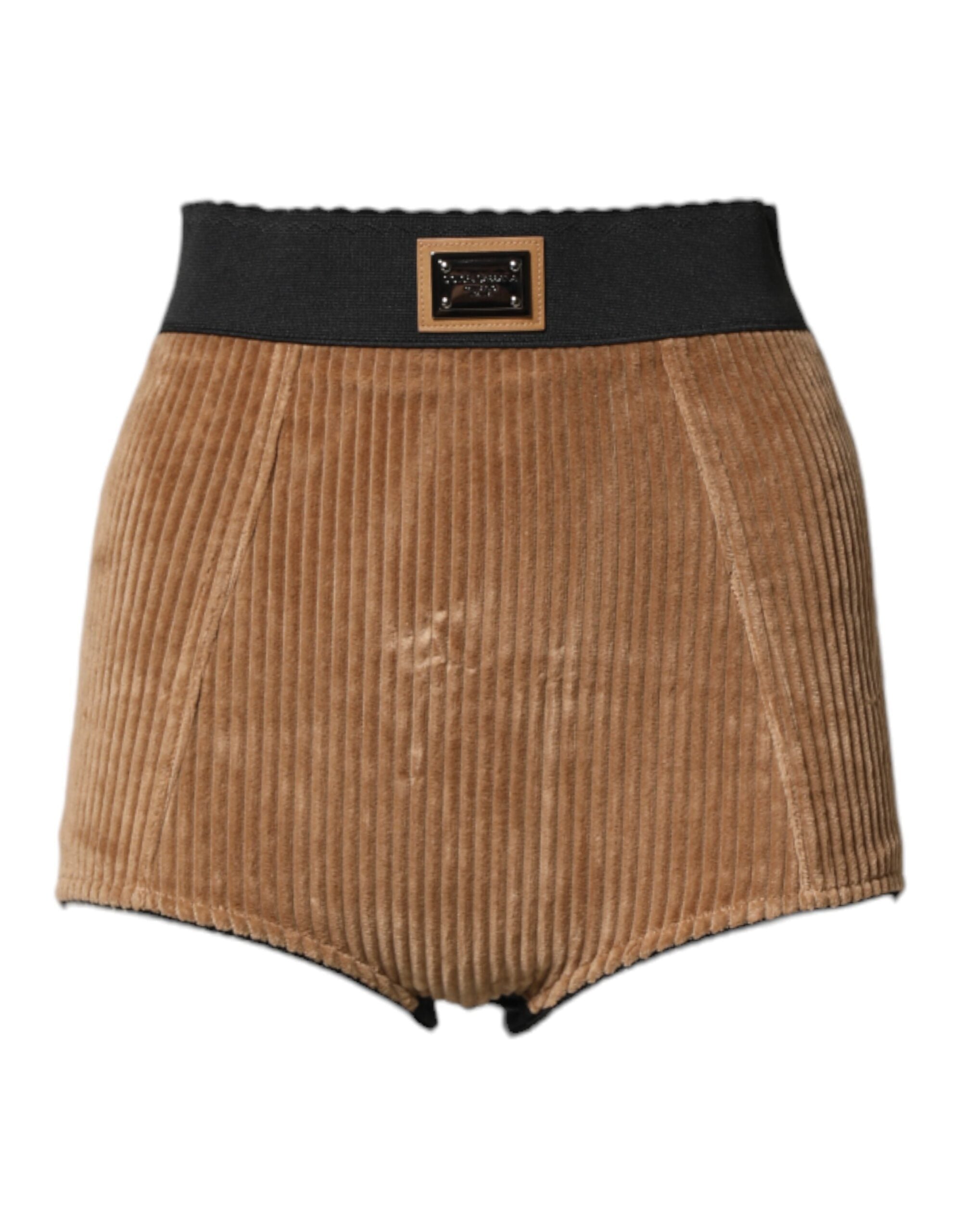 High-Waisted Ribbed Cotton Shorts — Brown