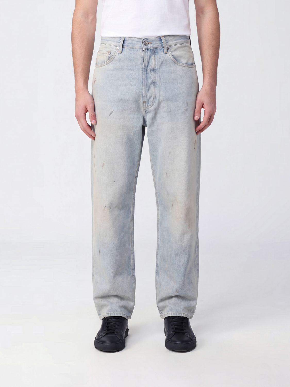 Wide Leg Cotton Denim Jeans with Distressed Effect and Mid-Rise Waist
