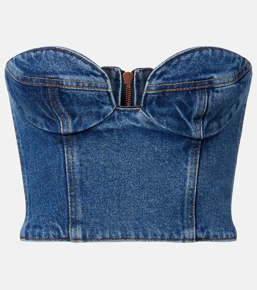 Floral-appliqué denim bustier top
