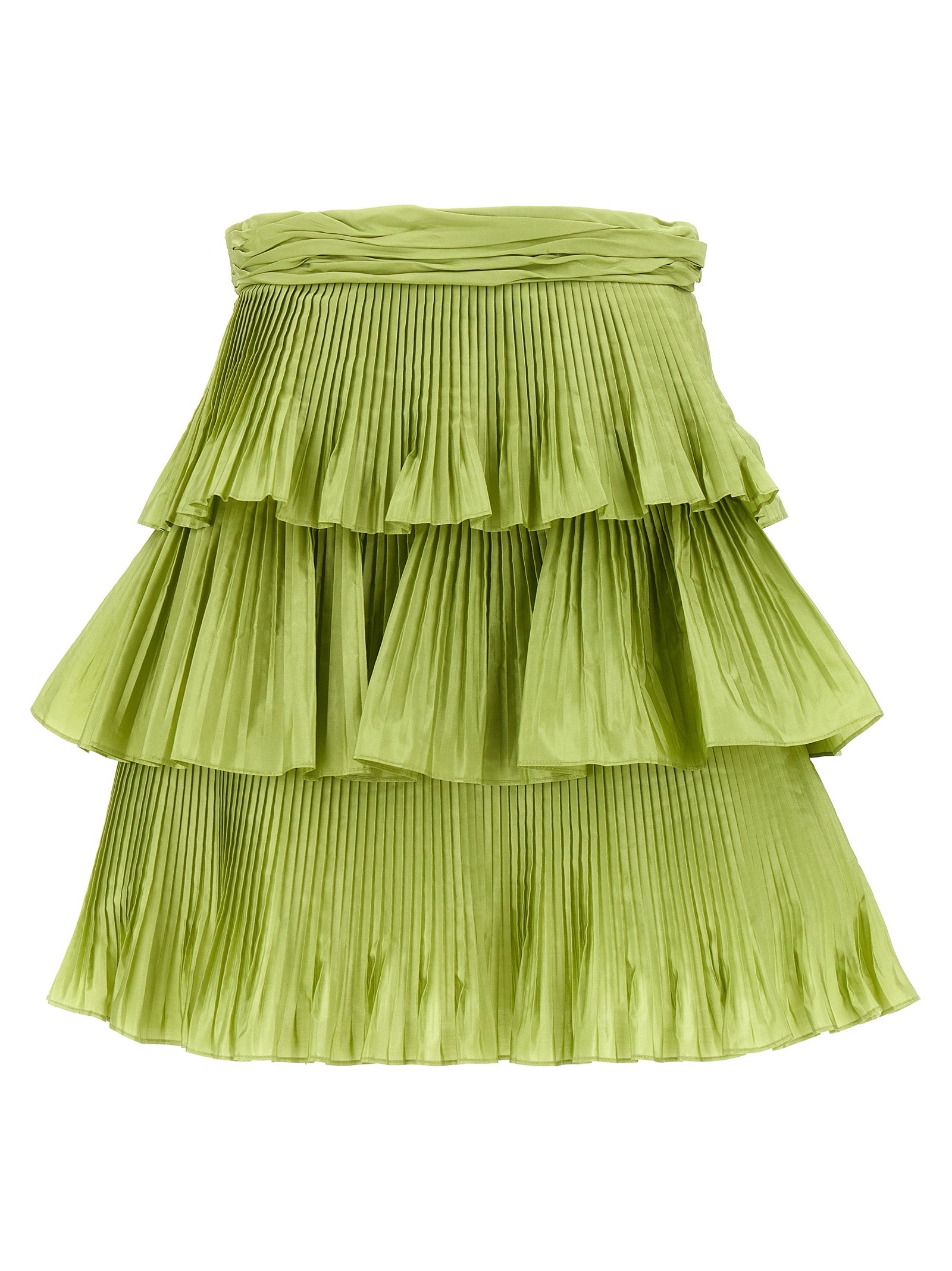 Tiered Pleated Silk Skirt — Green
