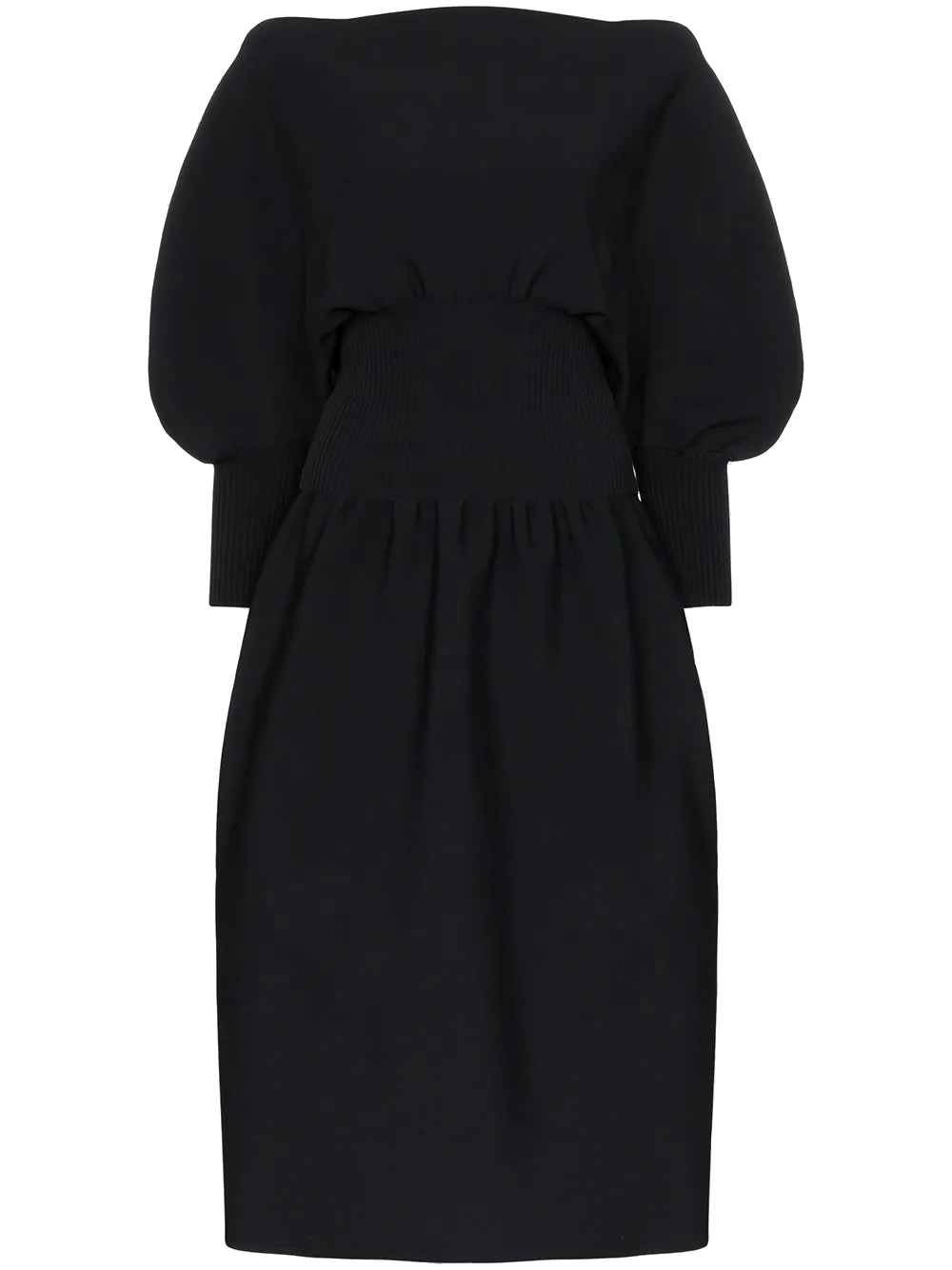 Pouf Sleeve Flared Midi Dress — Black