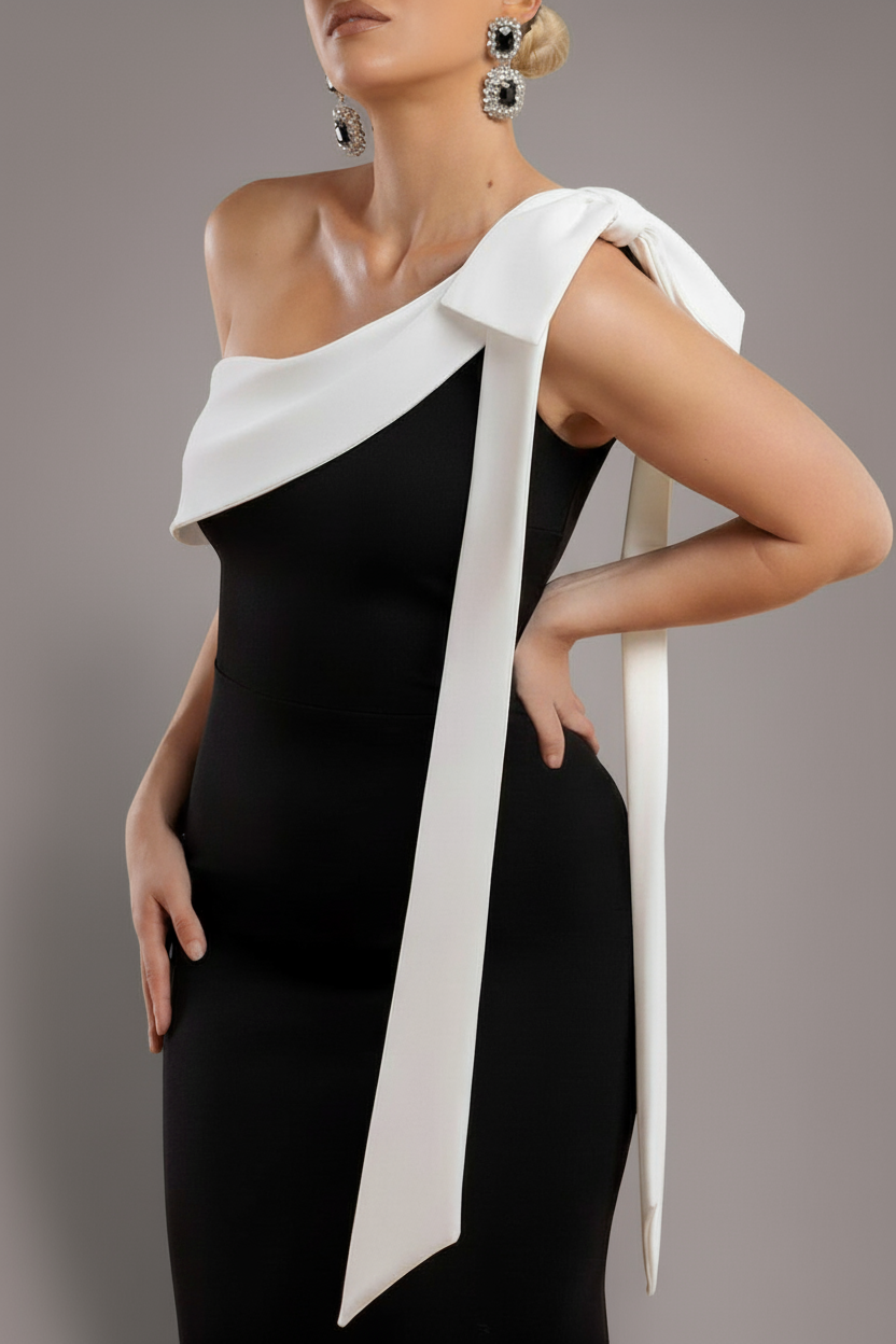 Goddiva One Shoulder Contrast Bow Maxi Dress - Black Crea