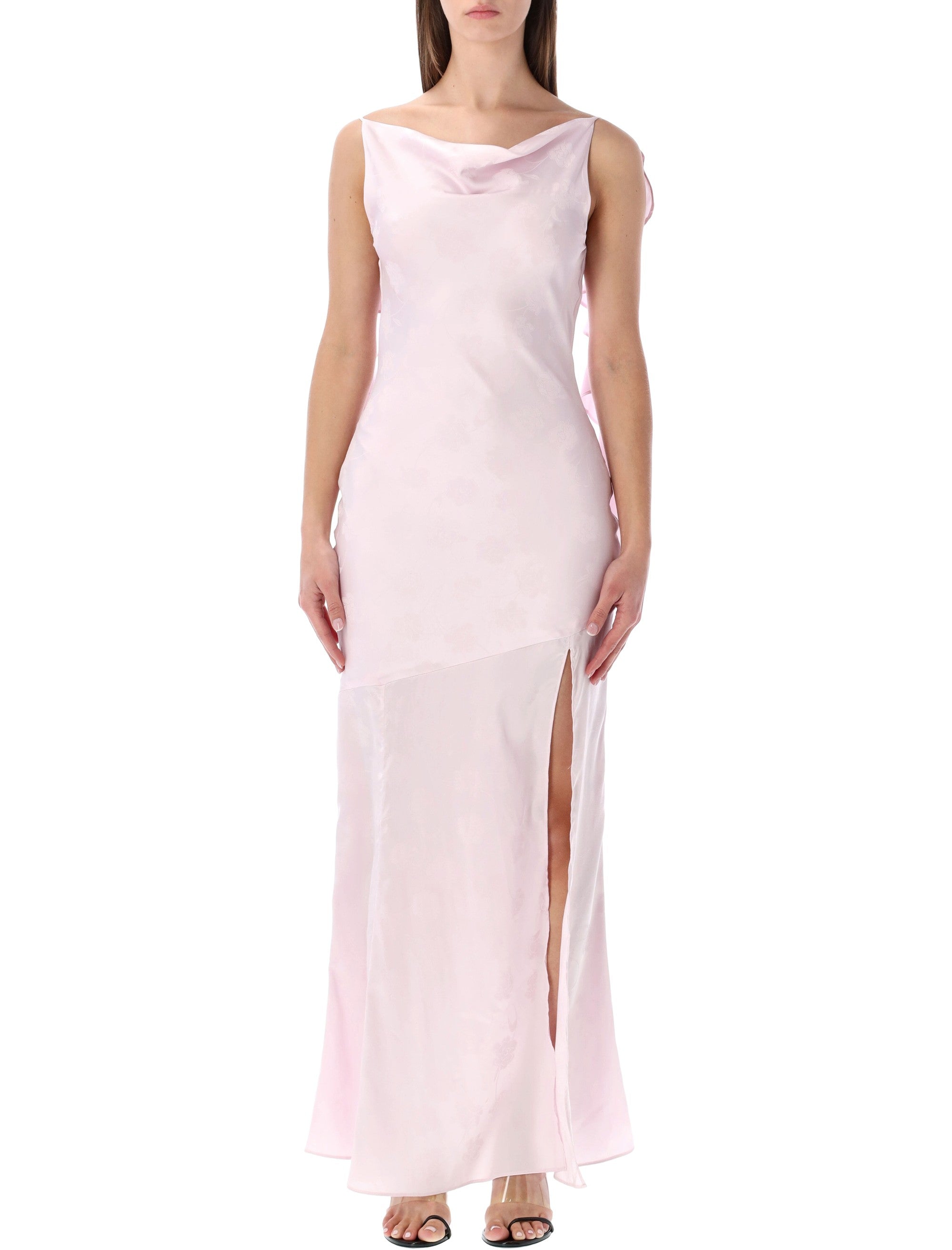 Floral Jacquard Maxi Dress with Front Slit and Cowl Neckline - Size 34