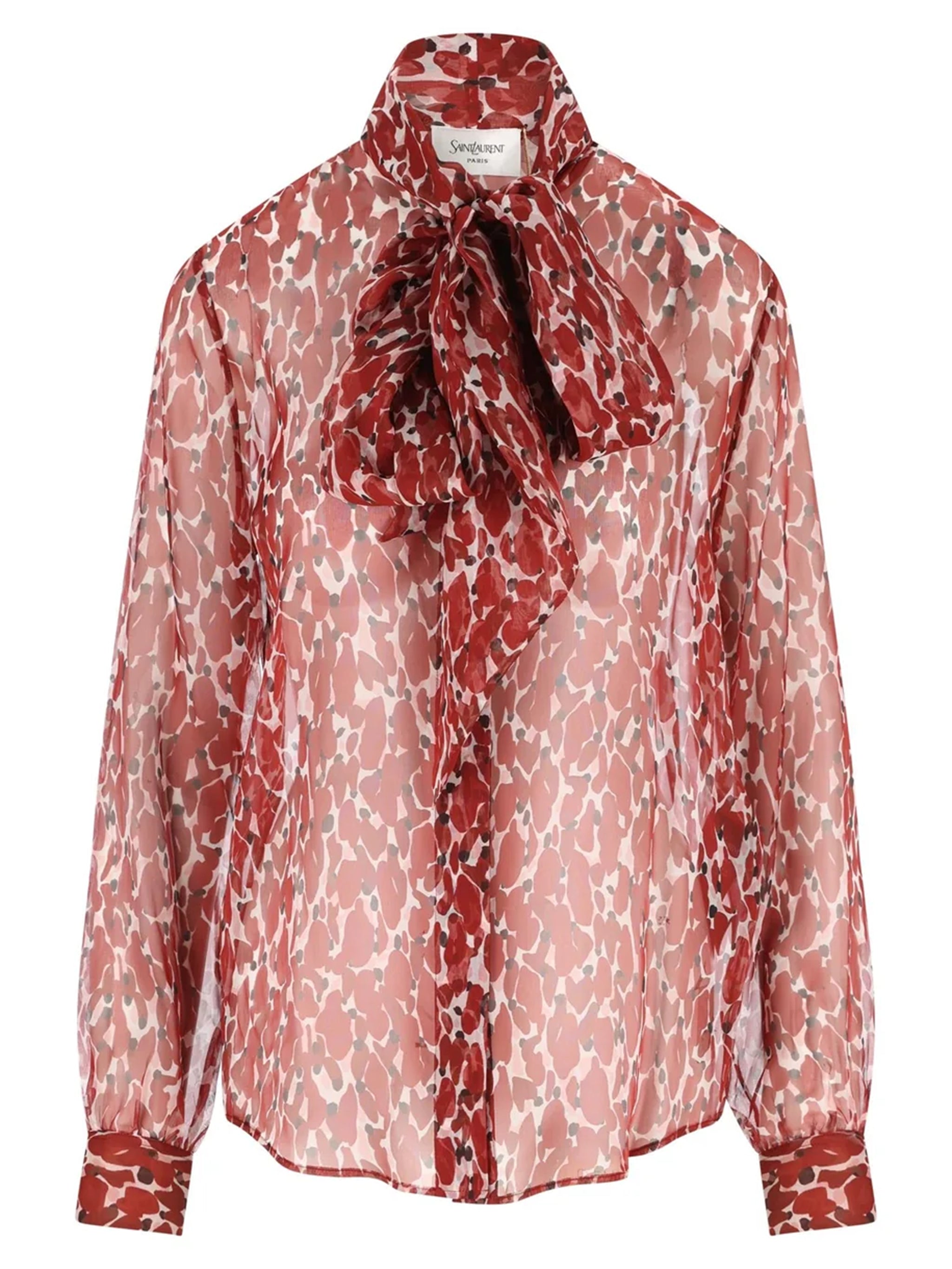 Floral Silk Blouse with Scarf Collar and Button Closure