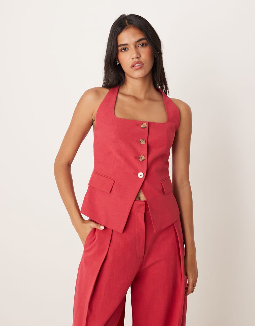 Cotton mix halter neck waistcoat co-ord in dark red